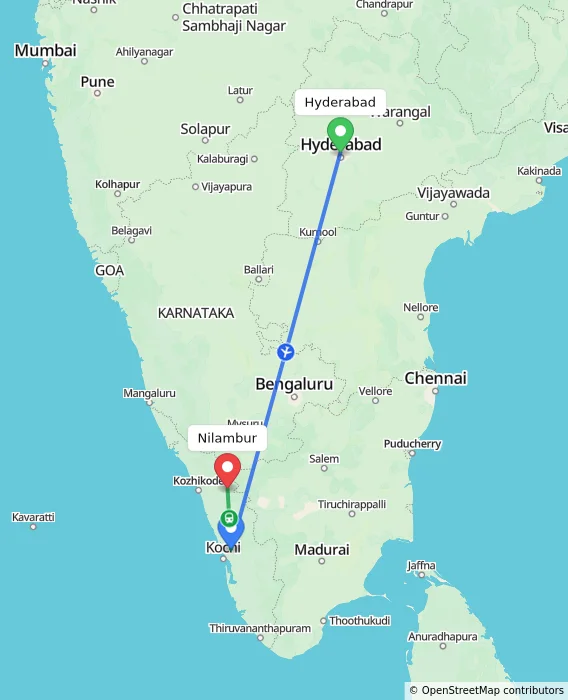 Route map showing distance and travel time from Hyderabad, India to Nilambur, India