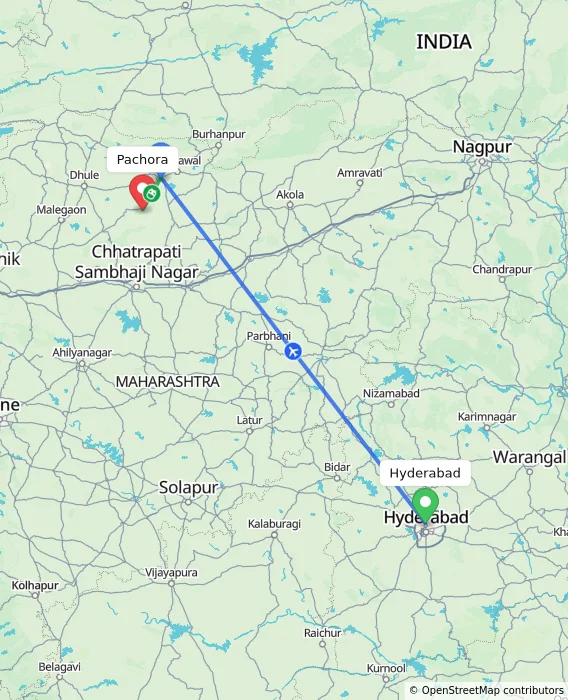 Route map showing distance and travel time from Hyderabad, India to Pachora, India