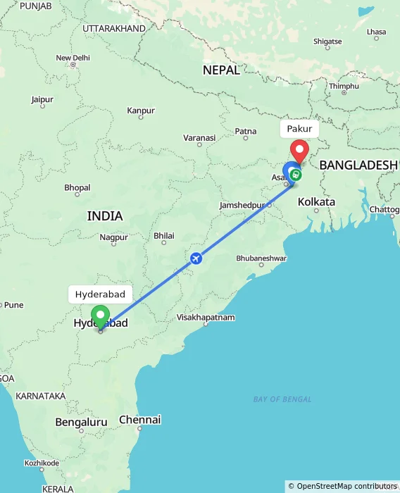 Route map showing distance and travel time from Hyderabad, India to Pakur, India