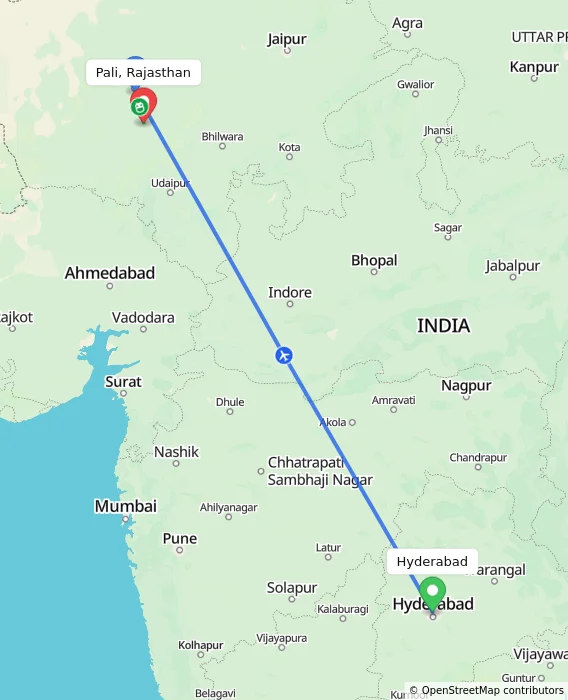 Route map showing distance and travel time from Hyderabad, India to Pali, Rajasthan, India
