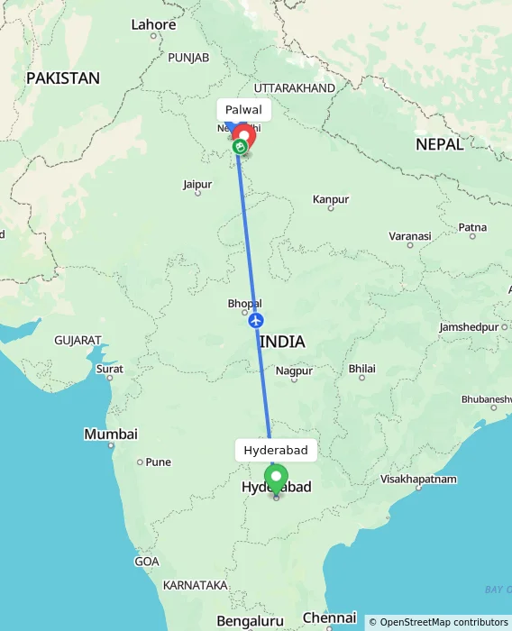 Route map showing distance and travel time from Hyderabad, India to Palwal, India