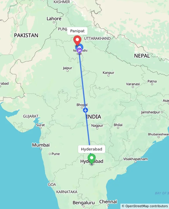 Route map showing distance and travel time from Hyderabad, India to Panipat, India