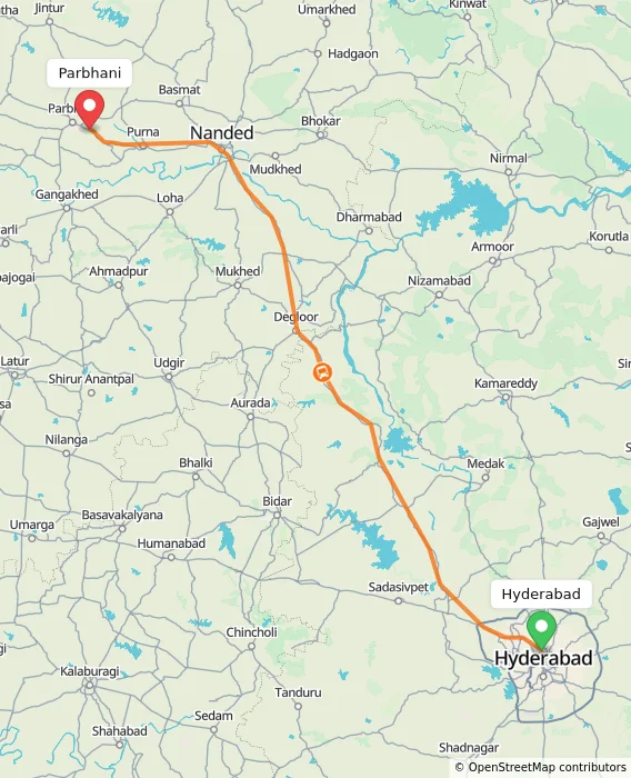 Route map showing distance and travel time from Hyderabad, India to Parbhani, India