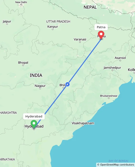 Route map showing distance and travel time from Hyderabad, India to Patna, India