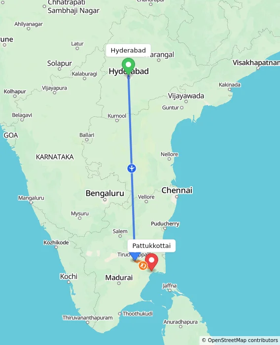 Route map showing distance and travel time from Hyderabad, India to Pattukkottai, India