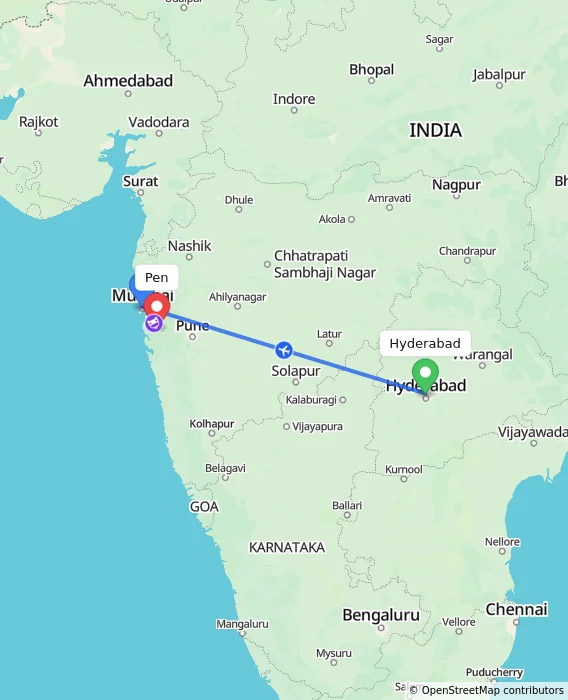Route map showing distance and travel time from Hyderabad, India to Pen, India