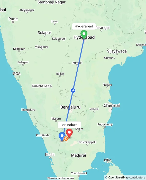 Route map showing distance and travel time from Hyderabad, India to Perundurai, India