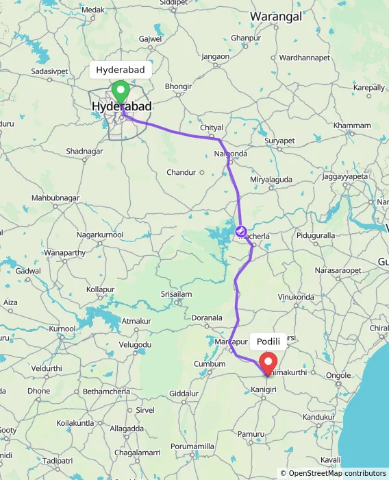 Route map showing distance and travel time from Hyderabad, India to Podili, India