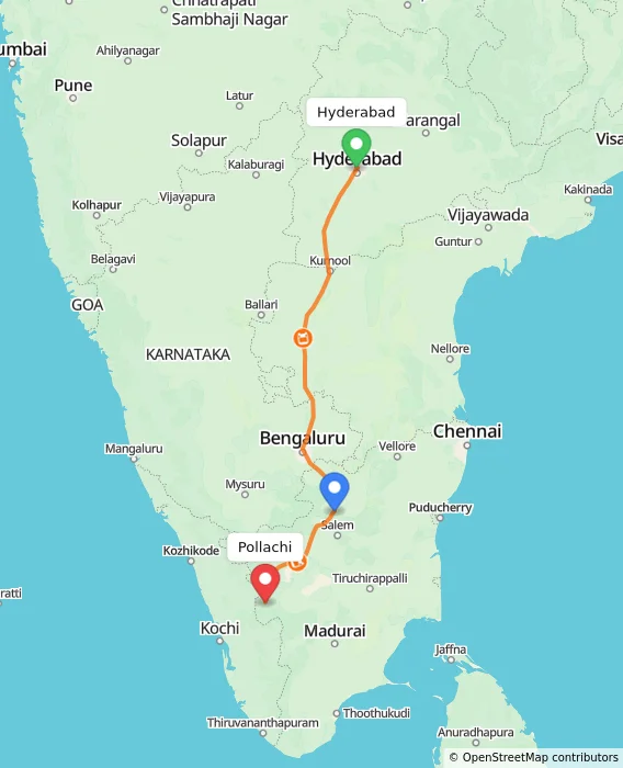 Route map showing distance and travel time from Hyderabad, India to Pollachi, India