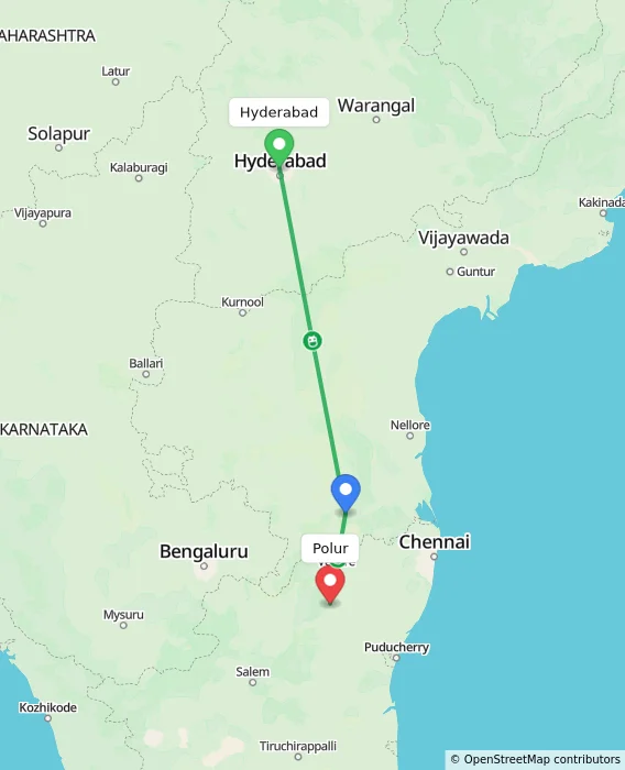 Route map showing distance and travel time from Hyderabad, India to Polur, India