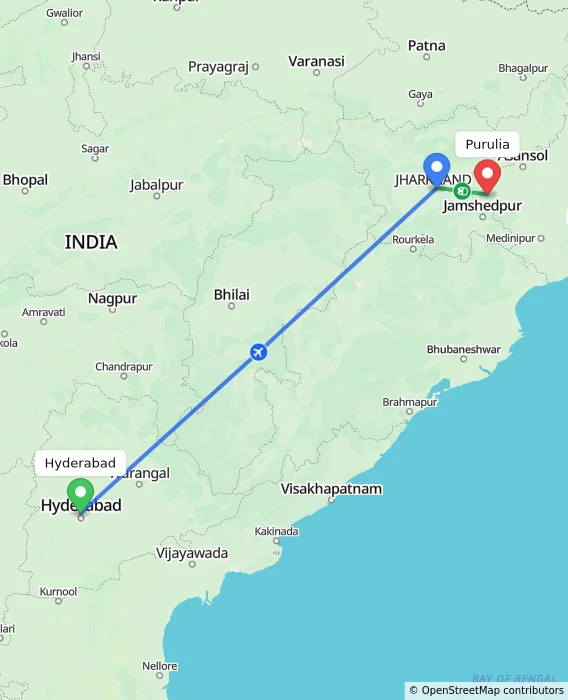 Route map showing distance and travel time from Hyderabad, India to Purulia, India