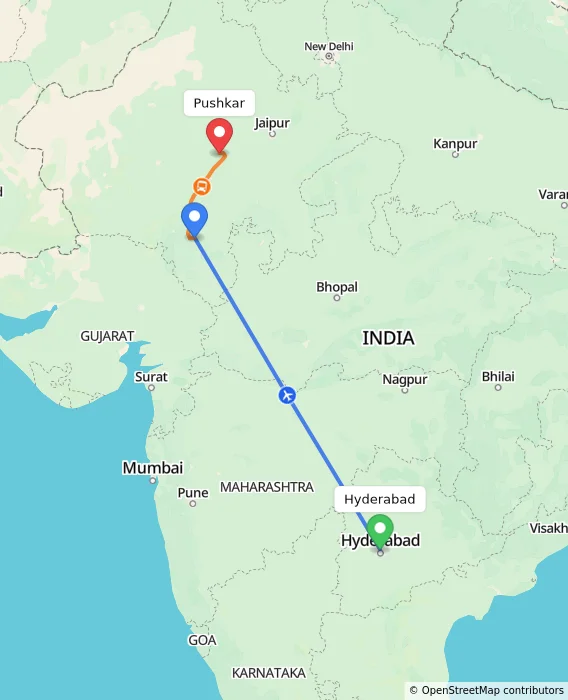 Route map showing distance and travel time from Hyderabad, India to Pushkar, India