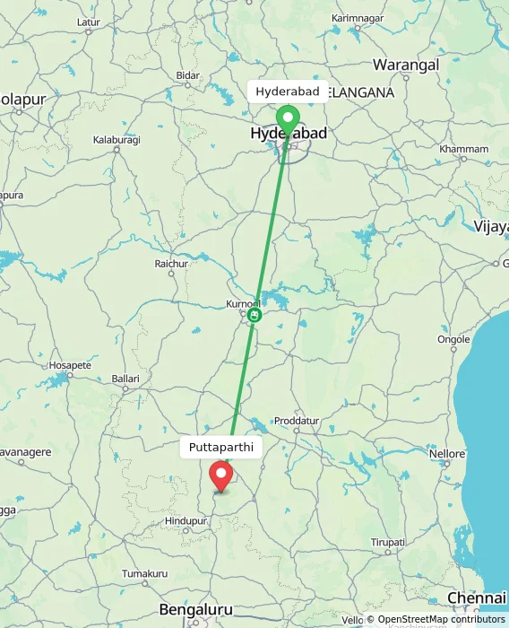 Route map showing distance and travel time from Hyderabad, India to Puttaparthi, India