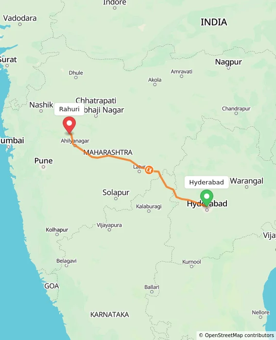 Route map showing distance and travel time from Hyderabad, India to Rahuri, India