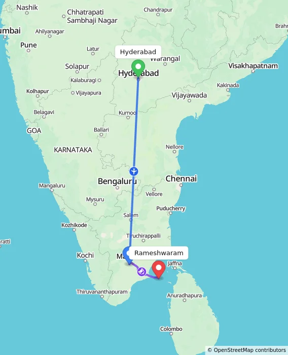 Route map showing distance and travel time from Hyderabad, India to Rameshwaram, India