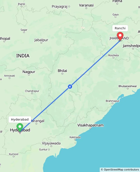 Route map showing distance and travel time from Hyderabad, India to Ranchi, India