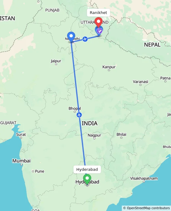 Route map showing distance and travel time from Hyderabad, India to Ranikhet, India