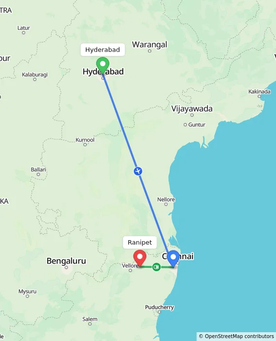 Route map showing distance and travel time from Hyderabad, India to Ranipet, India