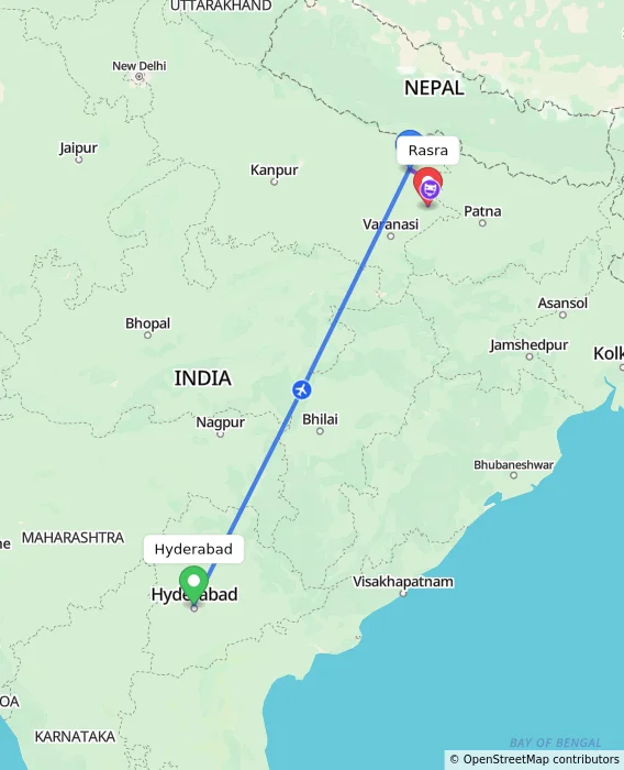 Route map showing distance and travel time from Hyderabad, India to Rasra, India