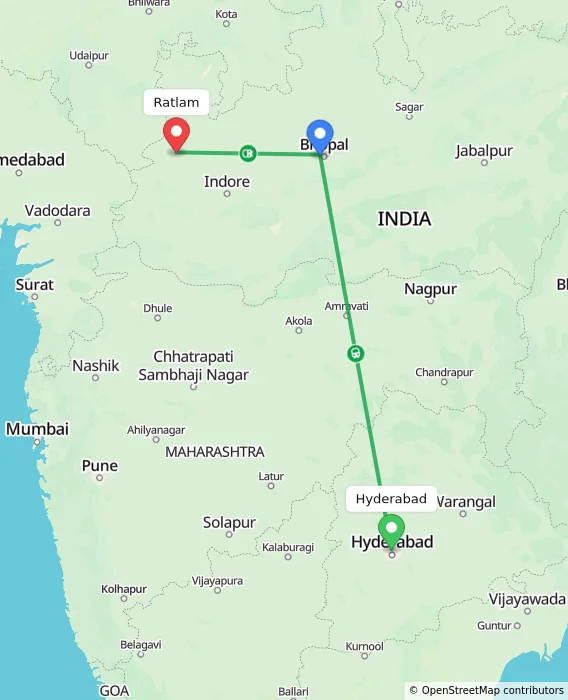 Route map showing distance and travel time from Hyderabad, India to Ratlam, India