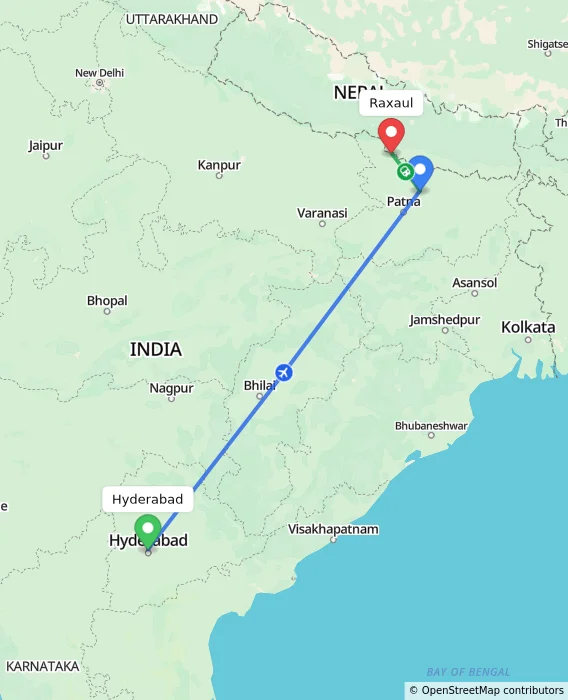 Route map showing distance and travel time from Hyderabad, India to Raxaul, India