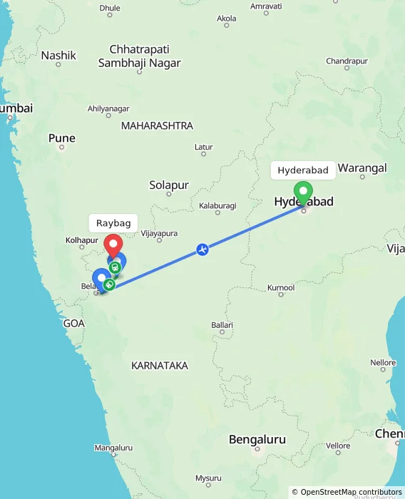 Route map showing distance and travel time from Hyderabad, India to Raybag, India