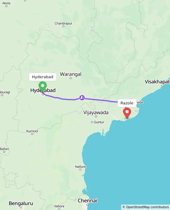 Route map showing distance and travel time from Hyderabad, India to Razole, India