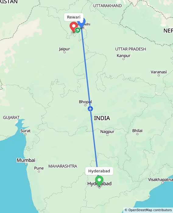 Route map showing distance and travel time from Hyderabad, India to Rewari, India
