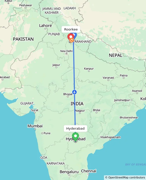 Route map showing distance and travel time from Hyderabad, India to Roorkee, India