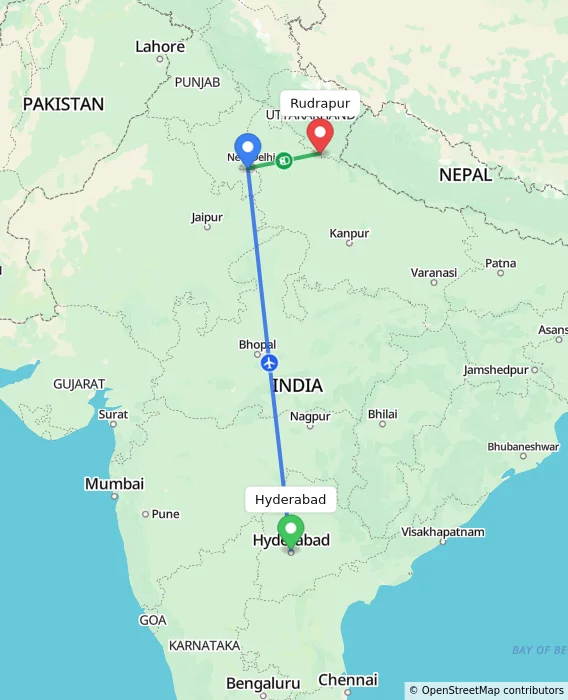 Route map showing distance and travel time from Hyderabad, India to Rudrapur, India