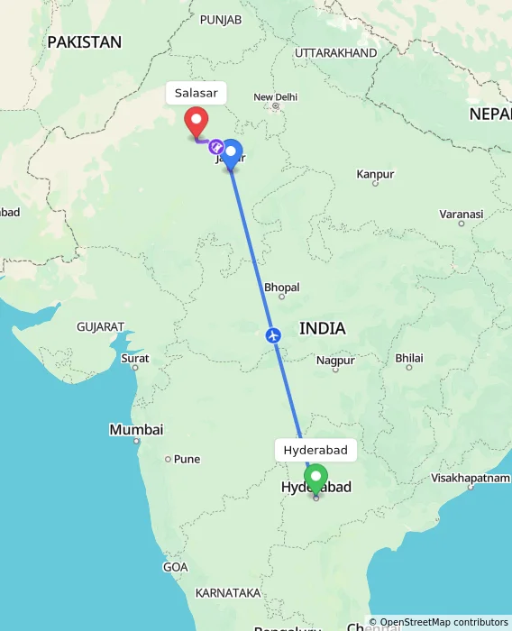 Route map showing distance and travel time from Hyderabad, India to Salasar, India