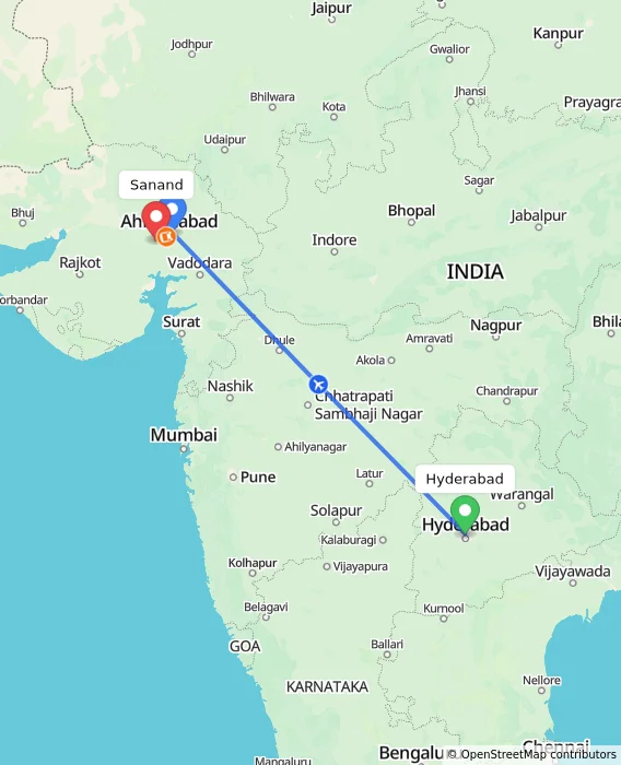 Route map showing distance and travel time from Hyderabad, India to Sanand, India