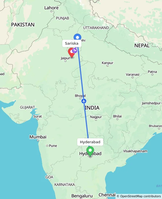 Route map showing distance and travel time from Hyderabad, India to Sariska, India