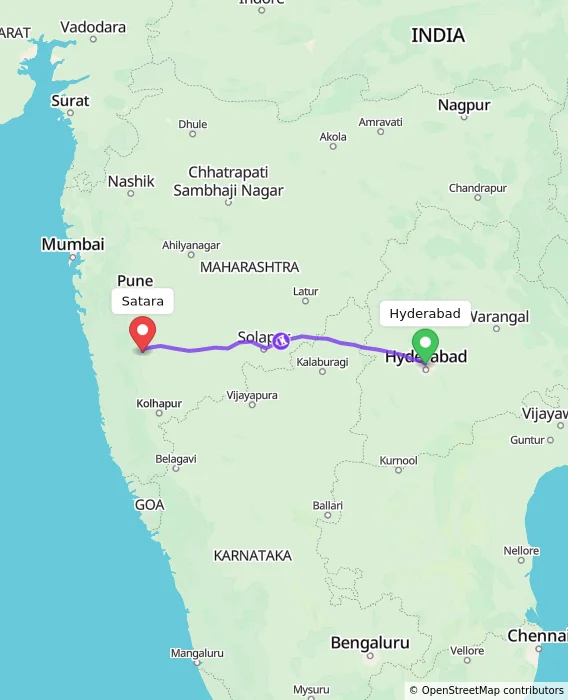 Route map showing distance and travel time from Hyderabad, India to Satara, India