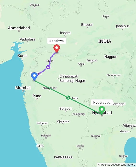Route map showing distance and travel time from Hyderabad, India to Sendhwa, India