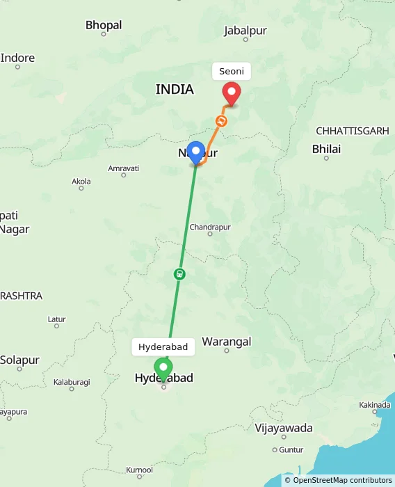 Route map showing distance and travel time from Hyderabad, India to Seoni, India