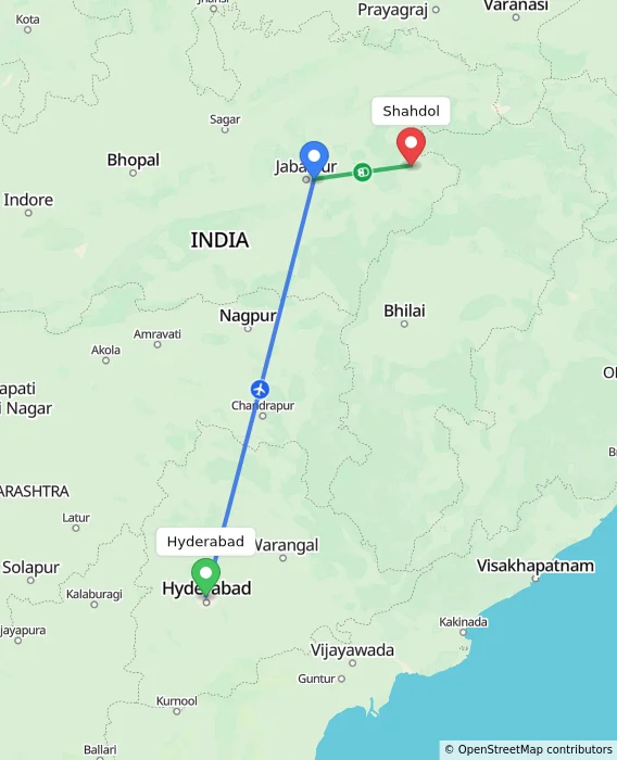Route map showing distance and travel time from Hyderabad, India to Shahdol, India