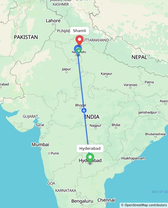 Route map showing distance and travel time from Hyderabad, India to Shamli, India