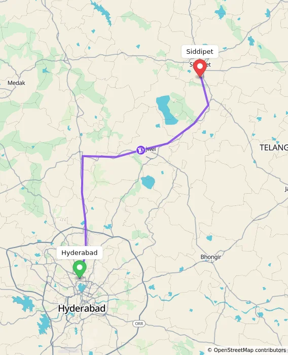 Route map showing distance and travel time from Hyderabad, India to Siddipet, India
