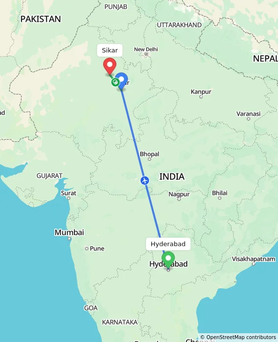 Route map showing distance and travel time from Hyderabad, India to Sikar, India