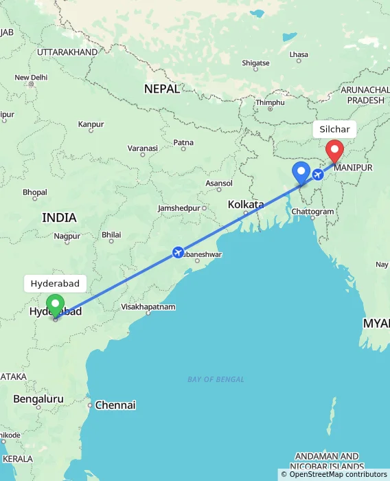 Route map showing distance and travel time from Hyderabad, India to Silchar, India