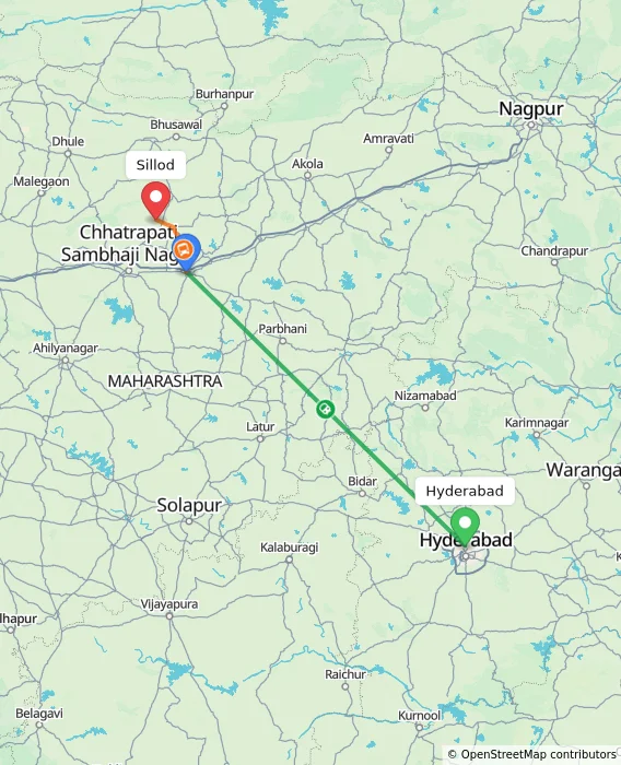 Route map showing distance and travel time from Hyderabad, India to Sillod, India