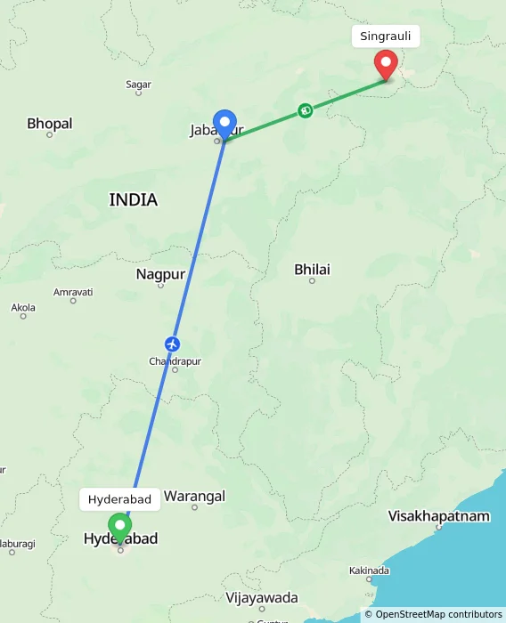 Route map showing distance and travel time from Hyderabad, India to Singrauli, India