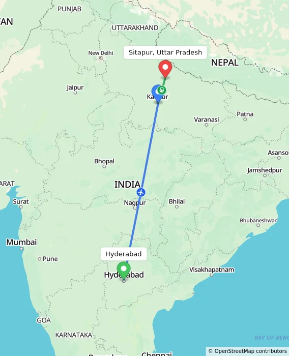Route map showing distance and travel time from Hyderabad, India to Sitapur, Uttar Pradesh, India