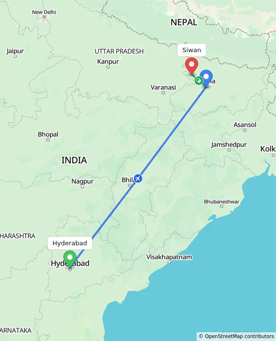 Route map showing distance and travel time from Hyderabad, India to Siwan, India