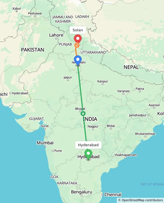 Route map showing distance and travel time from Hyderabad, India to Solan, India