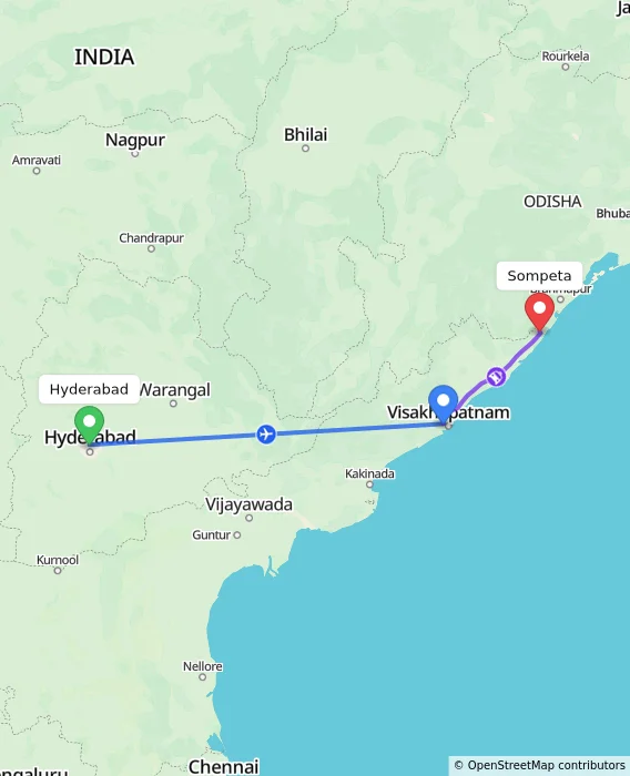 Route map showing distance and travel time from Hyderabad, India to Sompeta, India