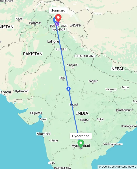 Route map showing distance and travel time from Hyderabad, India to Sonmarg, India