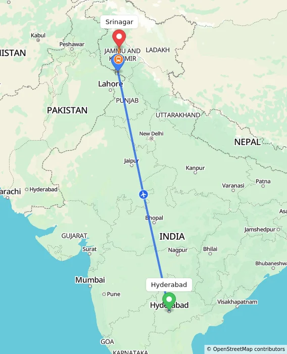 Route map showing distance and travel time from Hyderabad, India to Srinagar, India