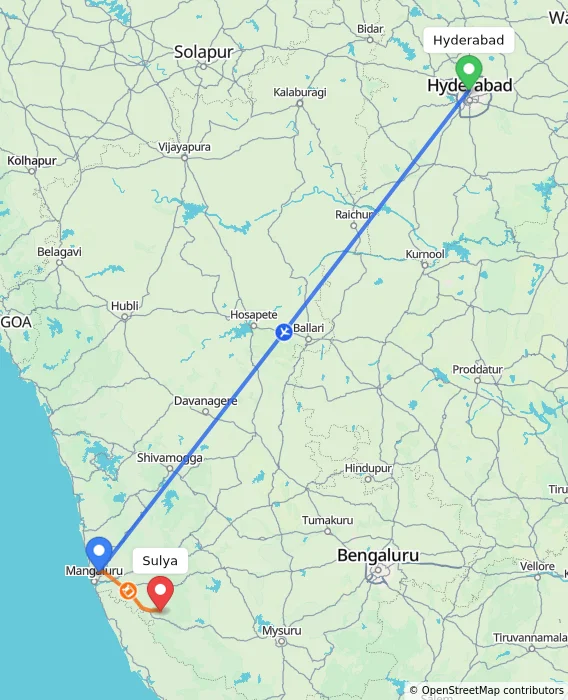 Route map showing distance and travel time from Hyderabad, India to Sulya, India